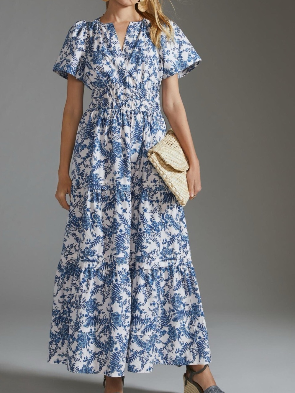 Anthropologie Somerset Maxi Dress Blue White Floral Toile Cotton Tiered Size 1X